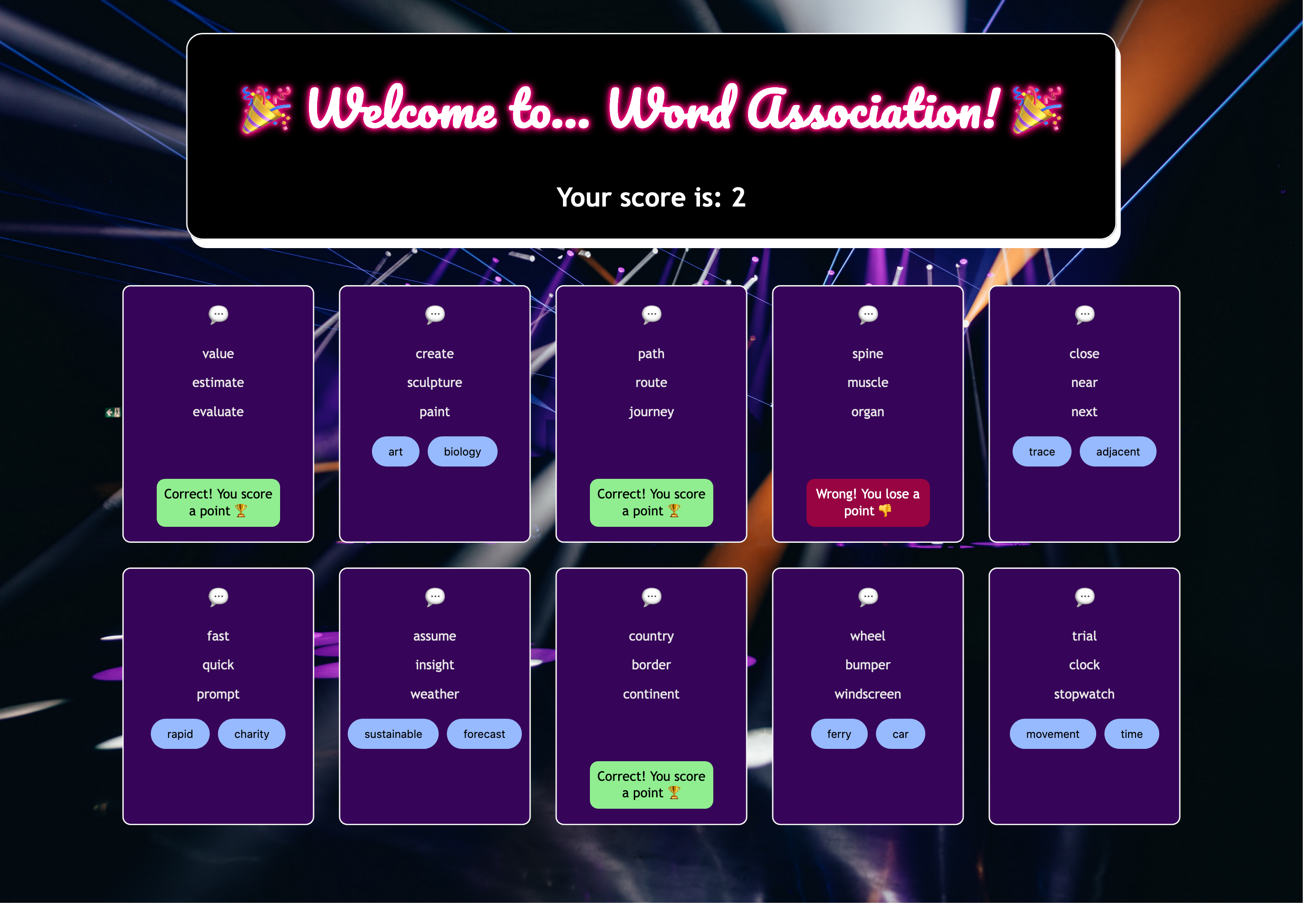 screenshot of a one-player word association game with cards and hints